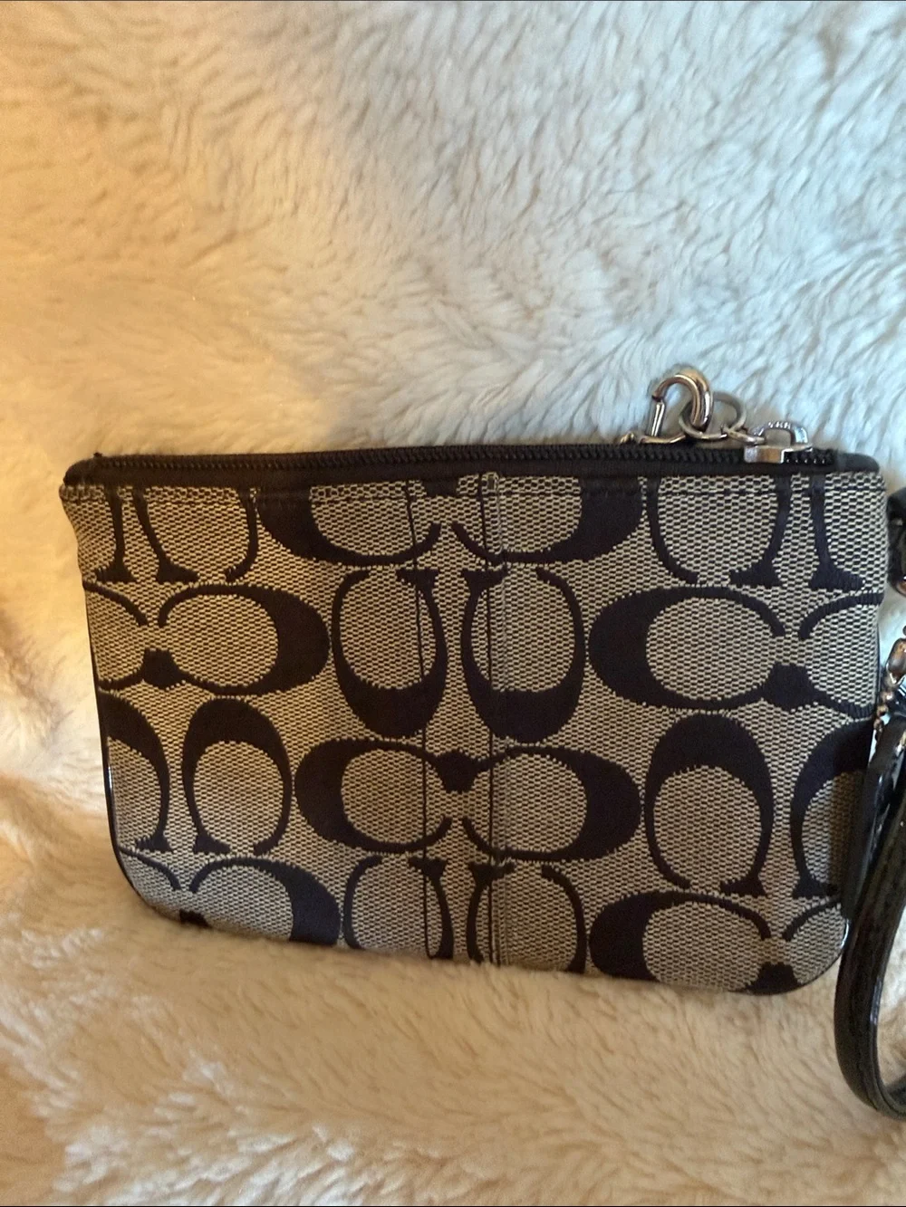 Coach Signature Jacquard Wristlet Black Grey Monogram Logo Medallion Zip Pouch